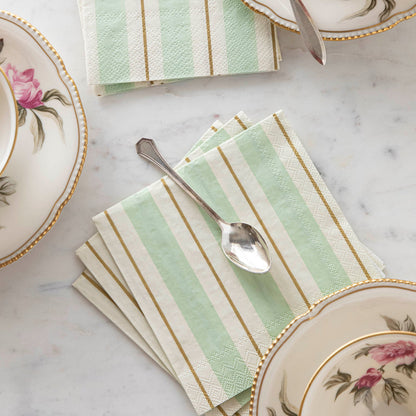 Seafoam &amp; Gold Awning Stripe Cocktail Napkins