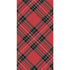 A rectangle cocktail napkin featuring a diagonal plaid pattern of black, white, gold and green over bright red.