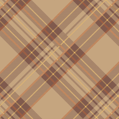 A diagonal plaid pattern of medium brown on a light tan color with accents of orange and yellow, on a square cocktail napkin.