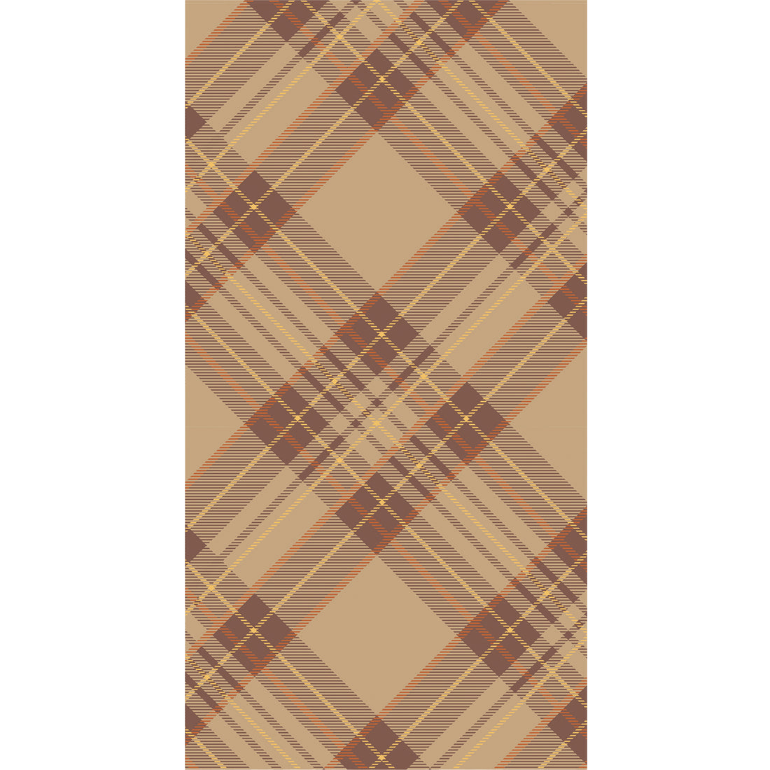 A diagonal plaid pattern of medium brown on a light tan color with accents of orange and yellow, on a rectangle guest napkin.