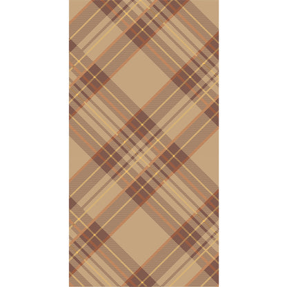 A diagonal plaid pattern of medium brown on a light tan color with accents of orange and yellow, on a rectangle guest napkin.