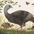 A square cocktail napkin featuring a realistic illustration of a brown and blue female turkey and her three brown, speckled chicks, standing in green grass surrounded by leafy branches and two butterflies, on a white background.