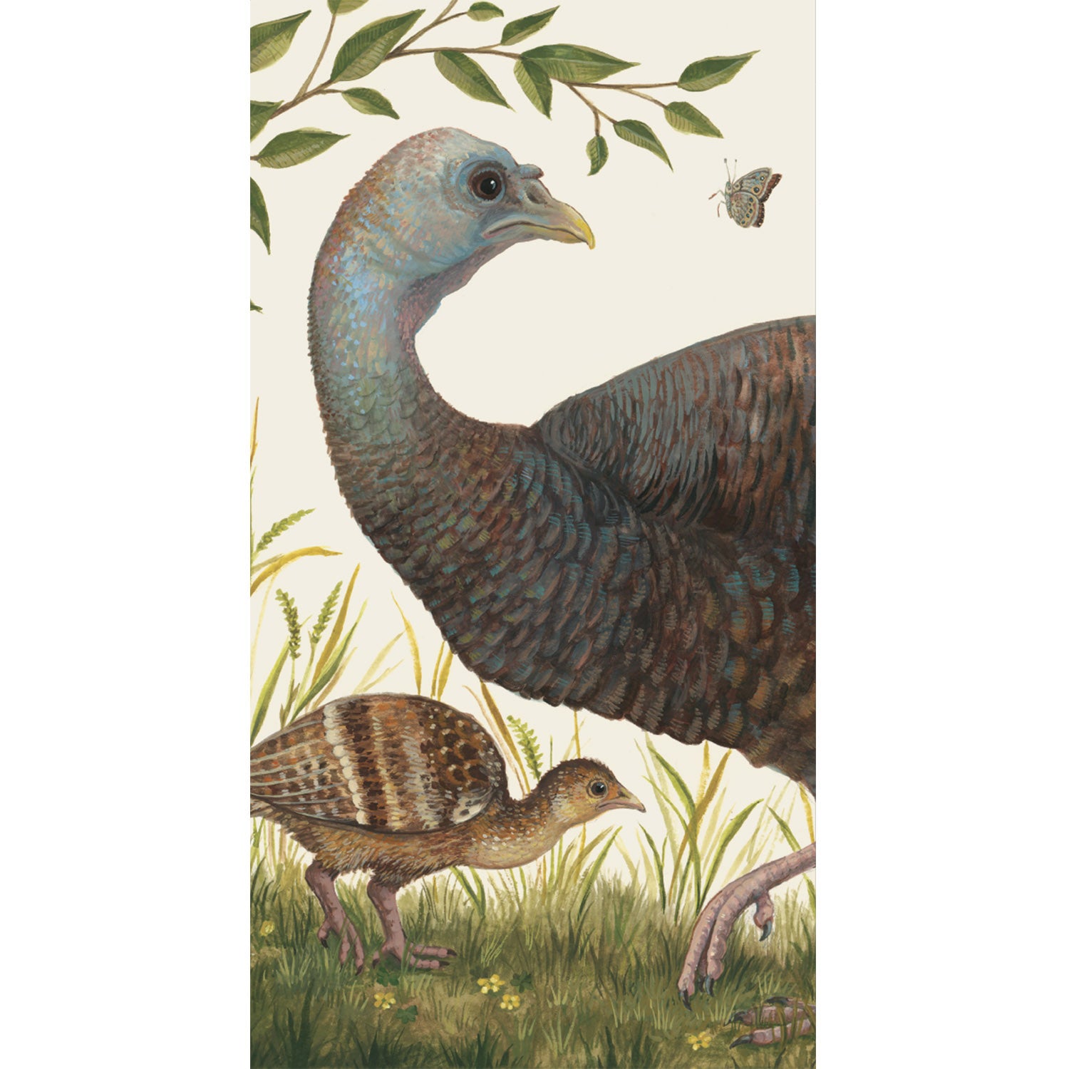 A rectangle guest napkin featuring a realistic illustration of a brown and blue female turkey and a brown, speckled chick, standing in green grass surrounded by leafy branches and a butterfly, on a white background.