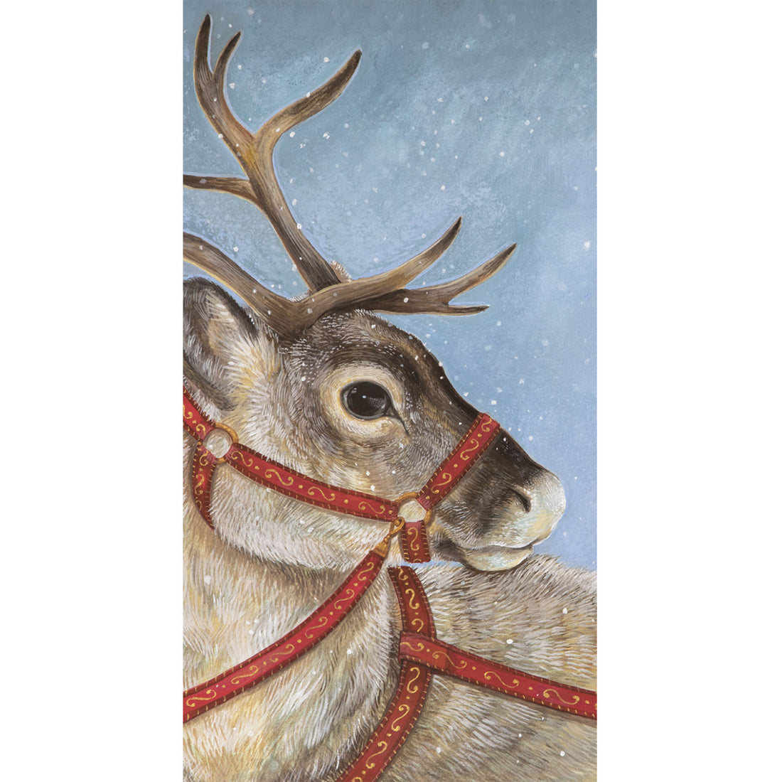 A rectangle guest napkin featuring a realistic painting of a reindeer wearing red reins, on a blue background with white snowflakes.