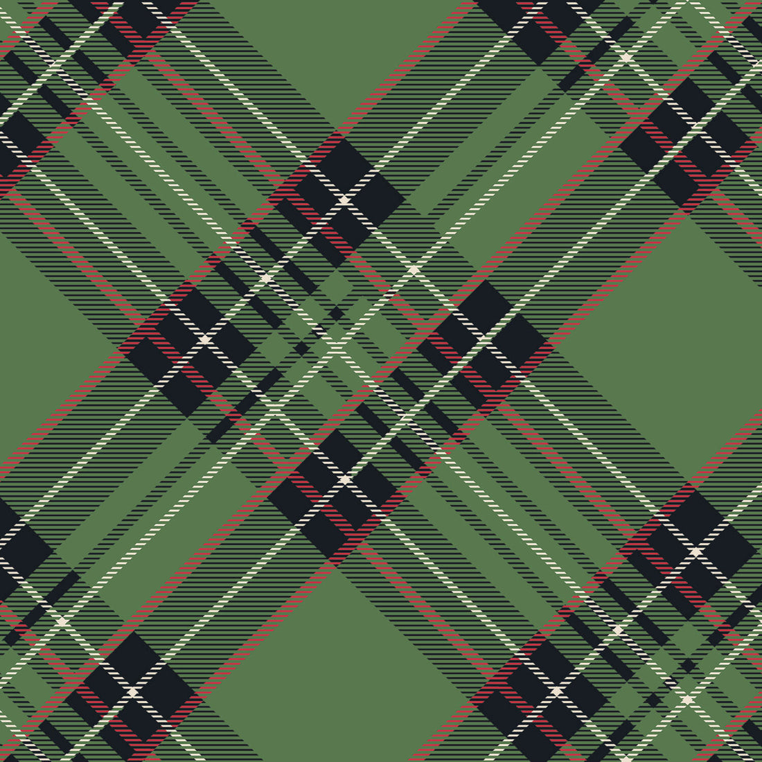 A square cocktail napkin featuring a diagonal plaid pattern of black, red and white over medium green.