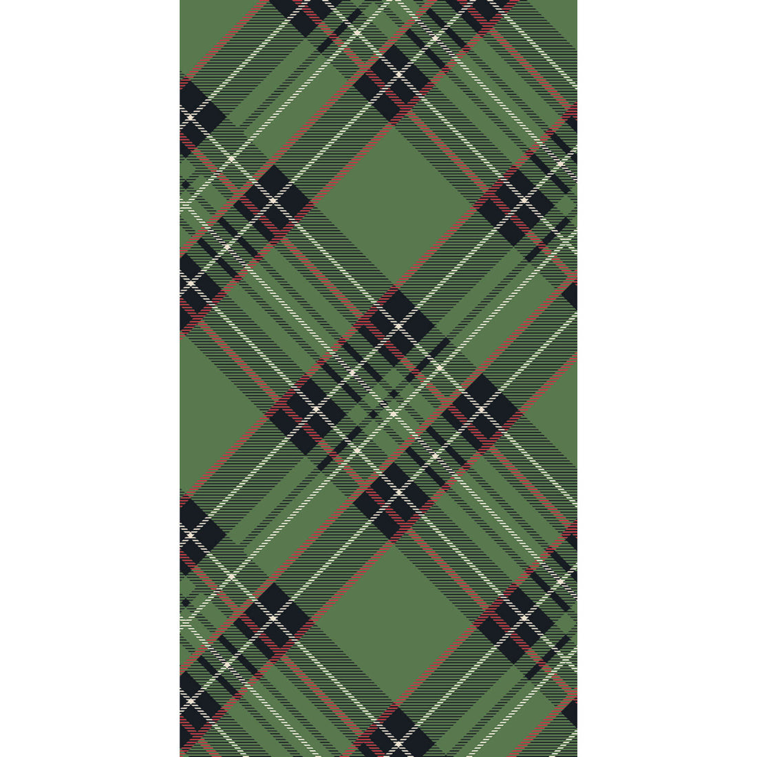 A square cocktail napkin featuring a diagonal plaid pattern of black, red and white over medium green.