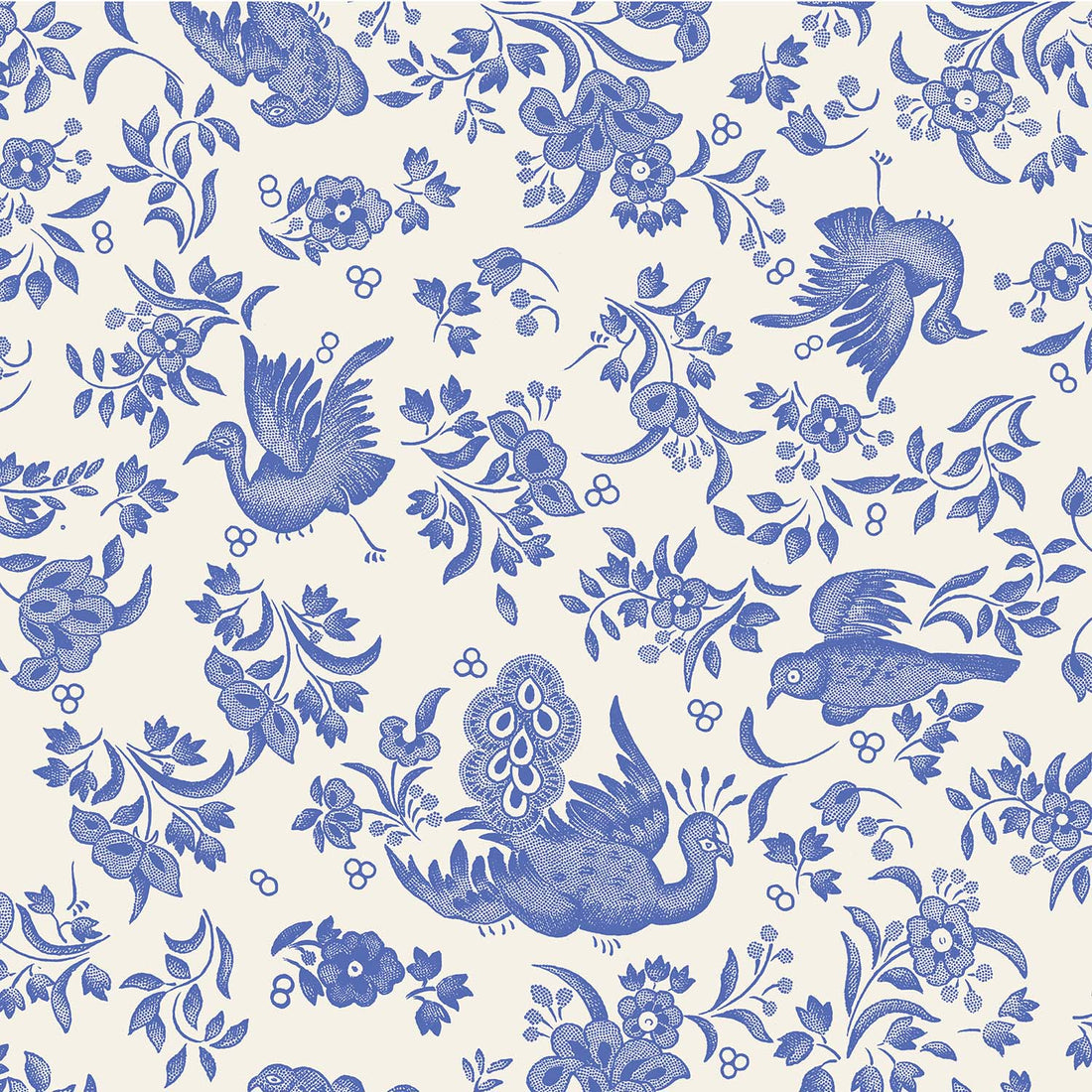 A square cocktail napkin featuring a blue bird and floral pattern on a white background, inspired by the ornamental bird pattern from Burleigh.