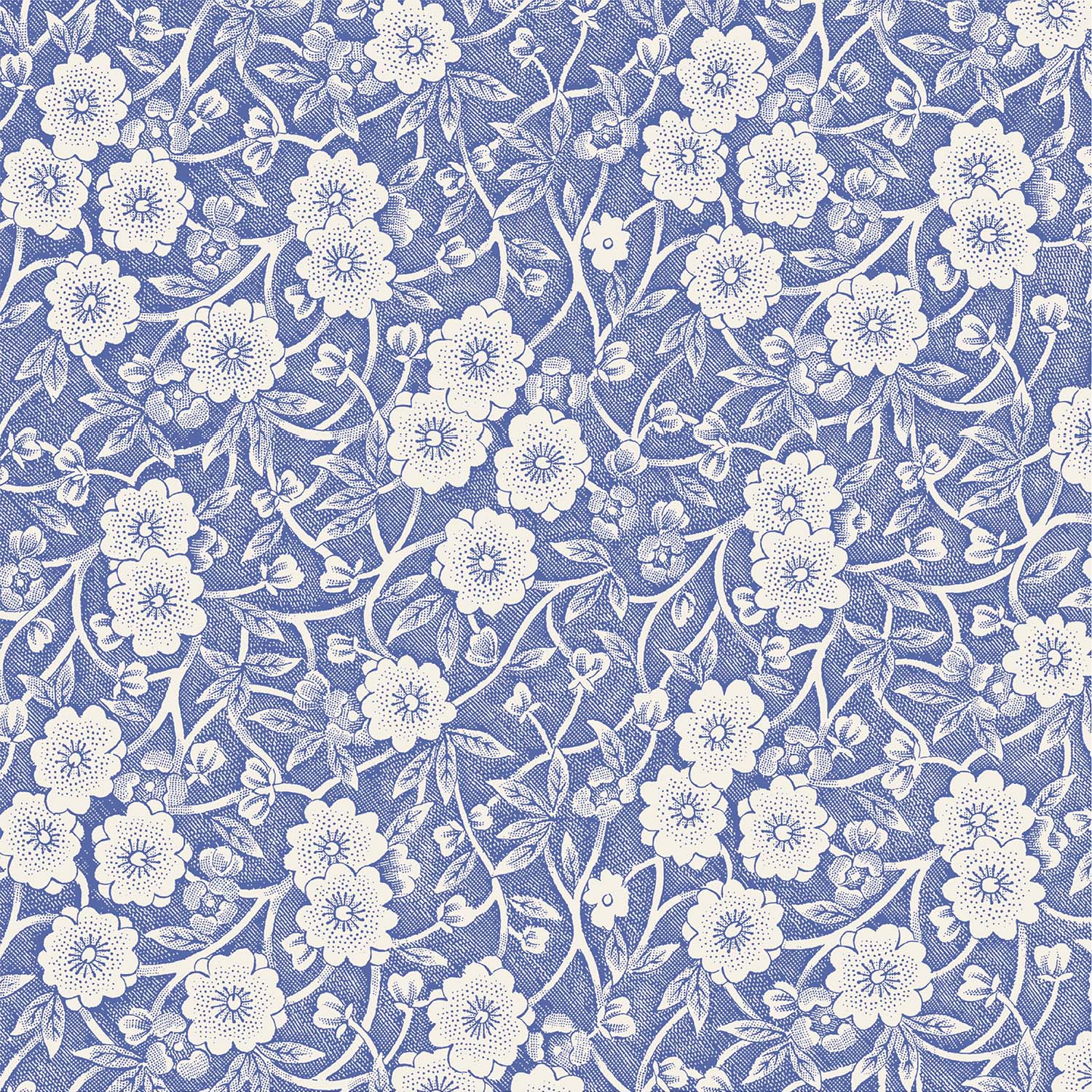 A square cocktail napkin featuring a dense pattern of white flowers, stems and leaves on a medium blue background.