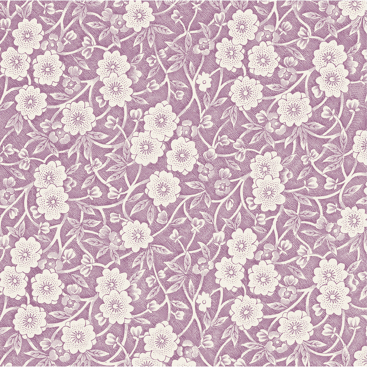 A square cocktail napkin featuring a dense pattern of white flowers, stems and leaves on a lilac purple background.