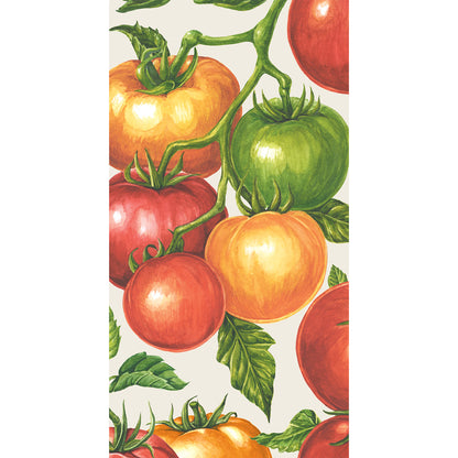 The Tomato Guest Napkin featuring hand-drawn, colorful tomatoes on a vine.