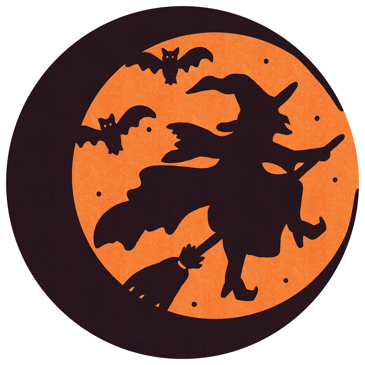Die-cut placemat of a silhouette of a wicked witch on a broom, surrounded by bats, with an orange background and black crescent moon.