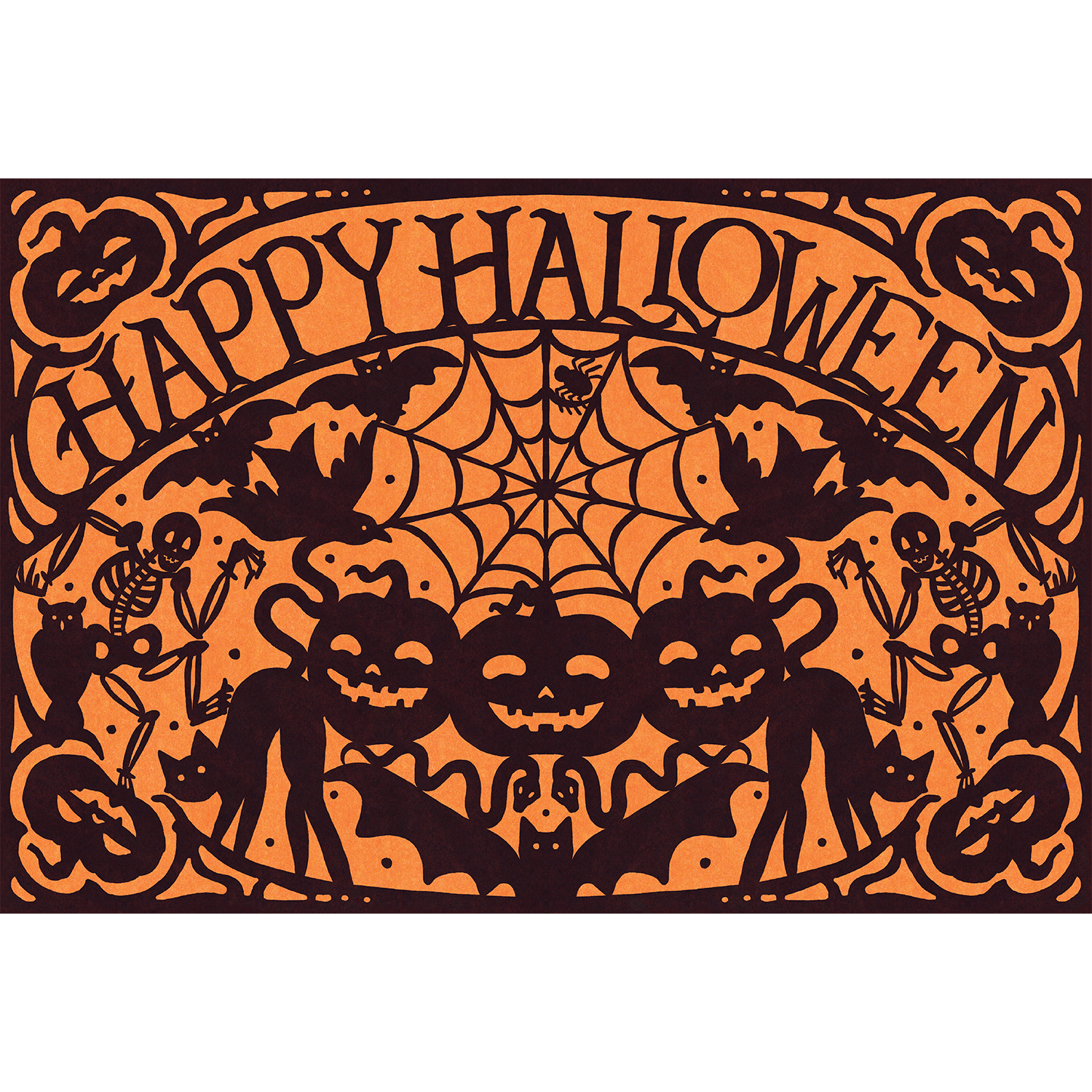 Orange paper placemat that reads Happy Halloween and is surrounded by silhouettes of pumpkins, cats, owls, skulls, spiders &amp; webs.