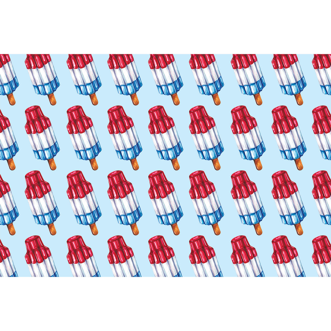 The Rocket Pop Placemat featuring a repeated pattern of rocket pops on a blue background.