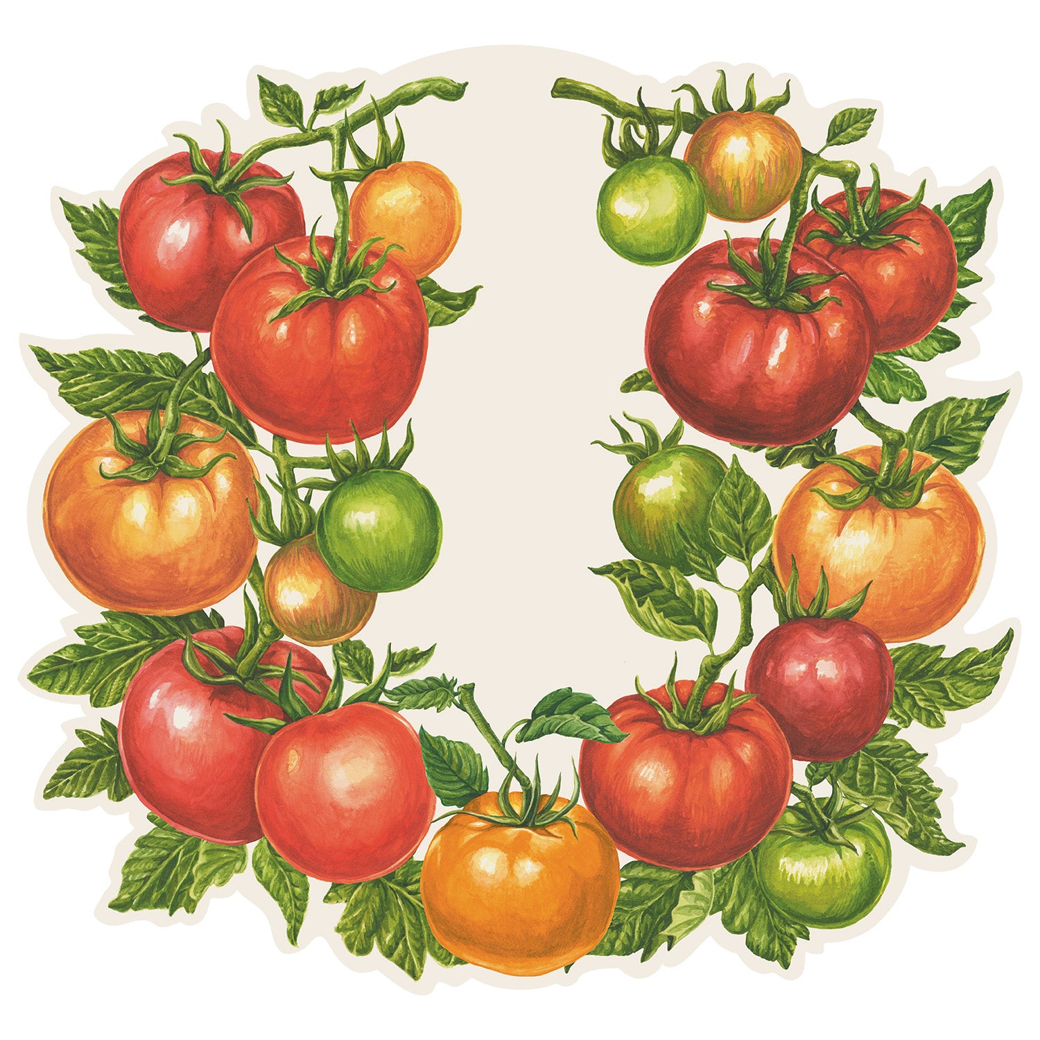 The Die-cut Tomato Placemat featuring colorful tomatoes on a vine in a wreath shape.