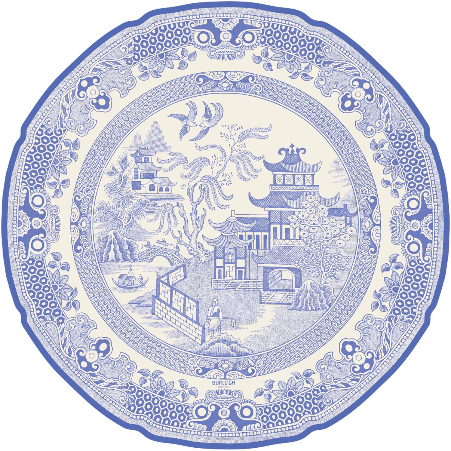 The Die-cut Burleigh Blue Willow Plate Placemat designed with a monochrome toile pattern featuring traditional Asian architecture and landscapes.