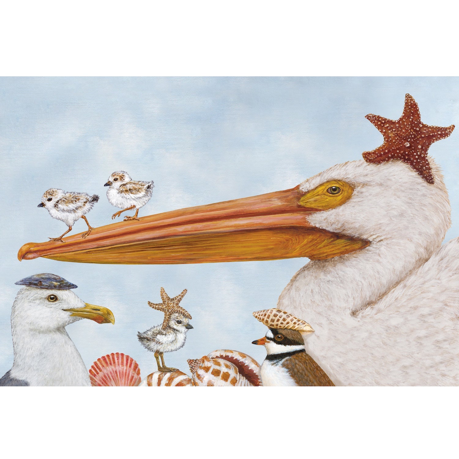 The Shorebirds Placemat featuring artwork by Vick Sawyer, of birds with shells and star fish on their head.