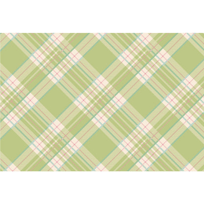 The Bright Green Plaid Placemat with a green, beige, and pink plaid pattern with diagonal intersecting lines, perfect for any Easter table setting.