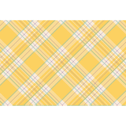 The Yellow Plaid Placemat featuring a yellow base and lines of purple and blue.