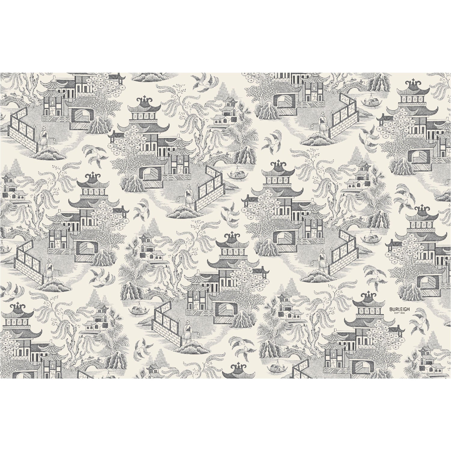 Black Willow Placemat designed with a monochrome toile pattern featuring traditional Asian architecture and landscapes.