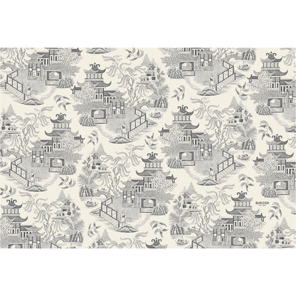 Black Willow Placemat designed with a monochrome toile pattern featuring traditional Asian architecture and landscapes.