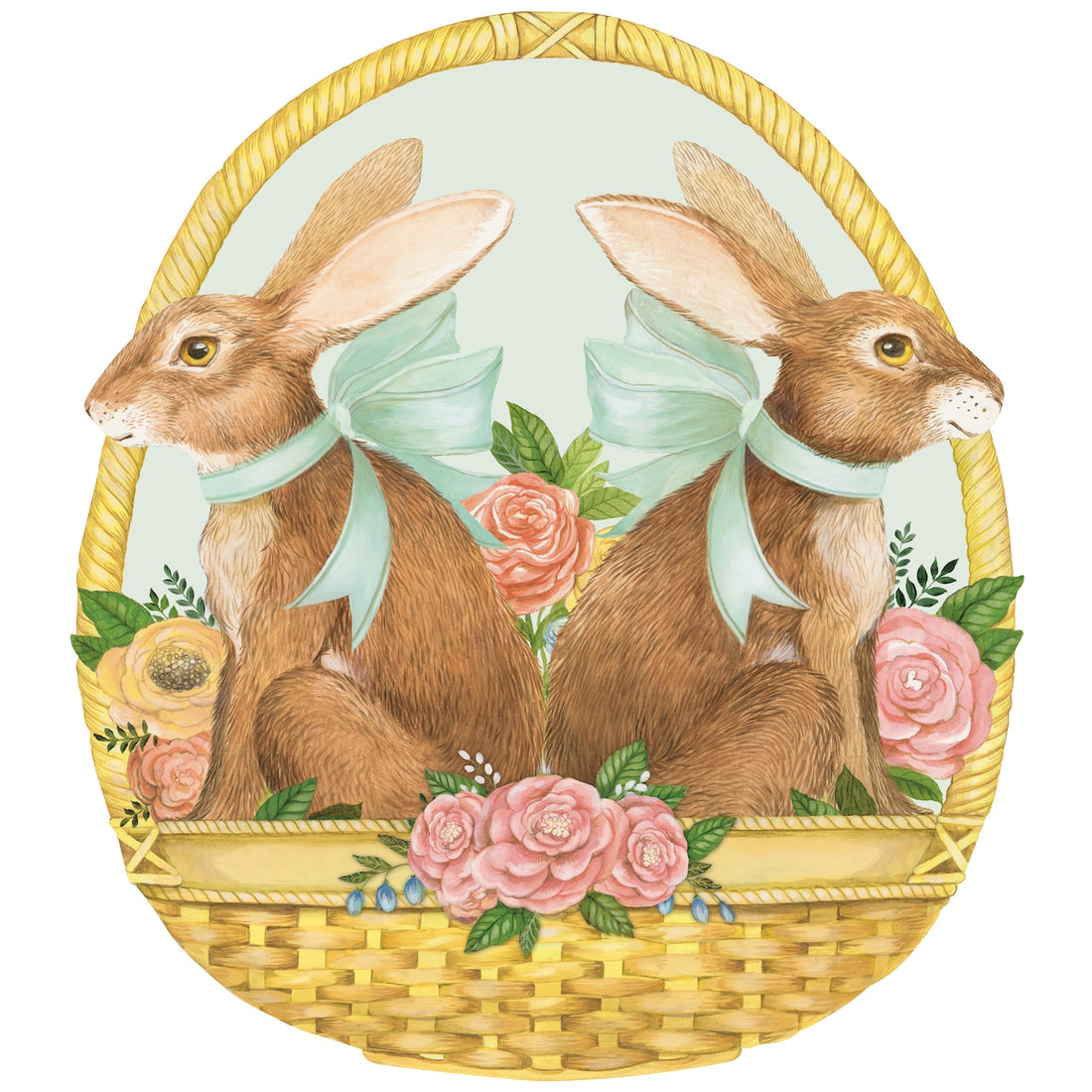 The Die-cut Bunny Basket Placemat designed by artist Elizabeth Foster, featuring soft spring florals and two bunnies in a a golden basket.