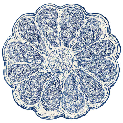 The Die-cut Blue Oyster Plate Placemat featuring illustrated oysters in a circular pattern, with a a scalloped border edge.