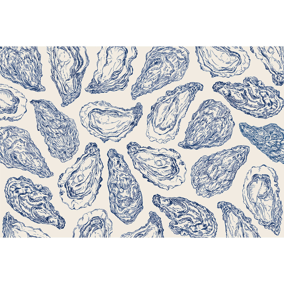 Blue Oyster Reef Placemat with an illustrated  pattern of navy oysters on a beige background, reminiscent of a Blue Oyster Reef.