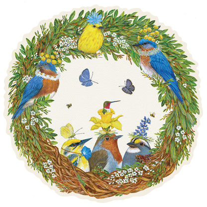 Die-cut Songbird Wreath Placemat featuring colorful songbirds, buzzing bees, and fluttering butterflies in the shape of a wreath.