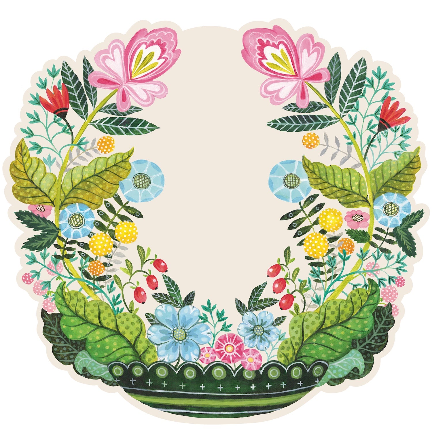 The Die-cut Vase Arrangement Placemat designed by artist Elizabeth Foster, featuring a vase with bursting with colorful blooms.