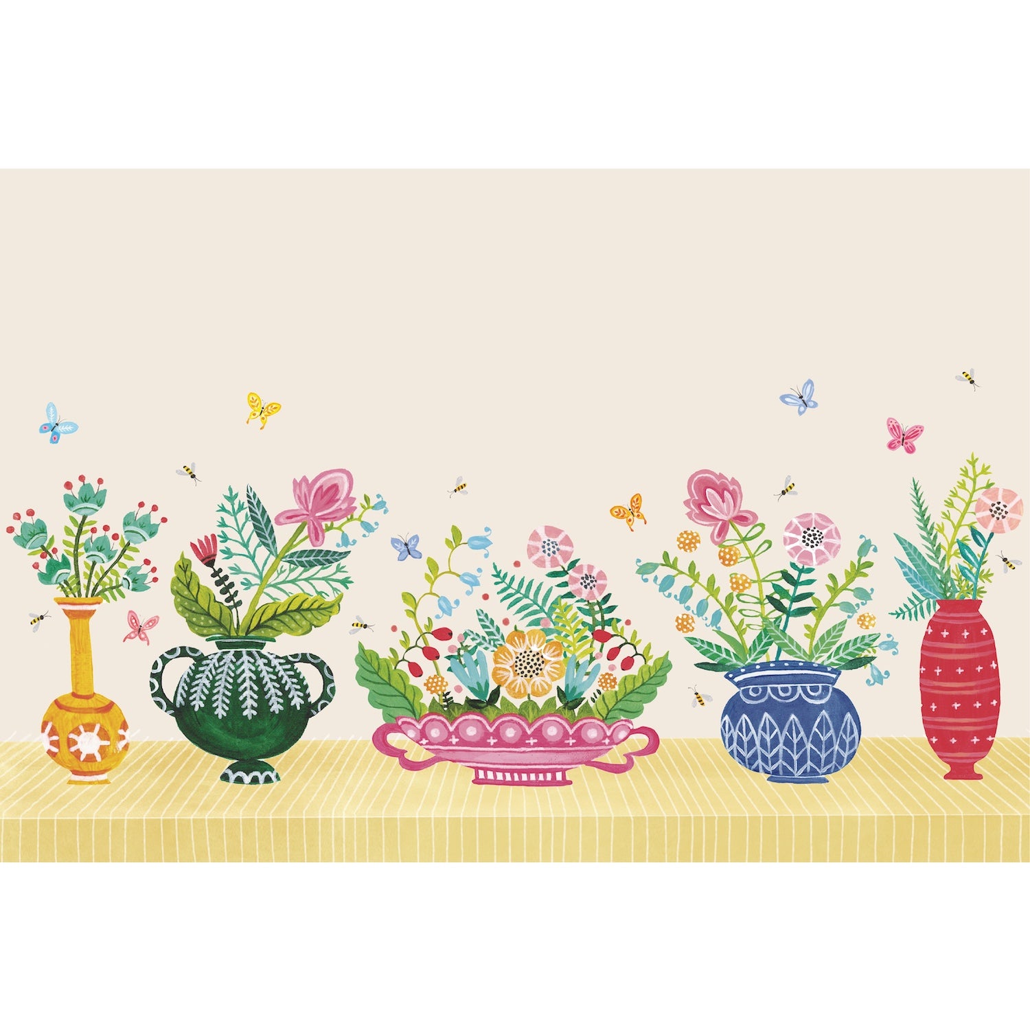 Vibrant Vases Placemat designed in collaboration with artist Elizabeth Foster, is an assortment of lovely bouquets and tiny vases.