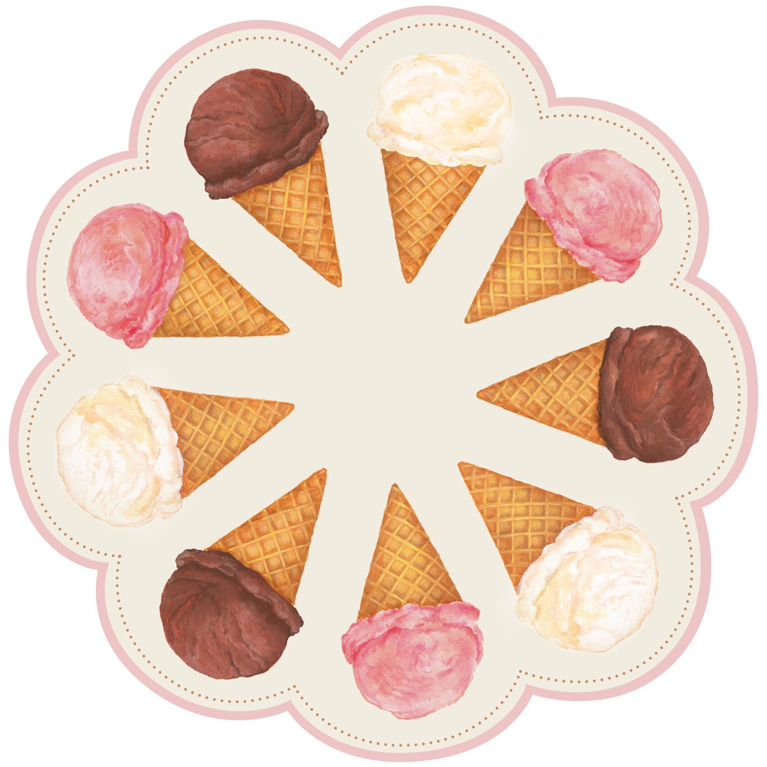 Die-cut Ice Cream Placemat featuring an illustration of a variety of ice cream cones in circular shape with a pink scalloped border.