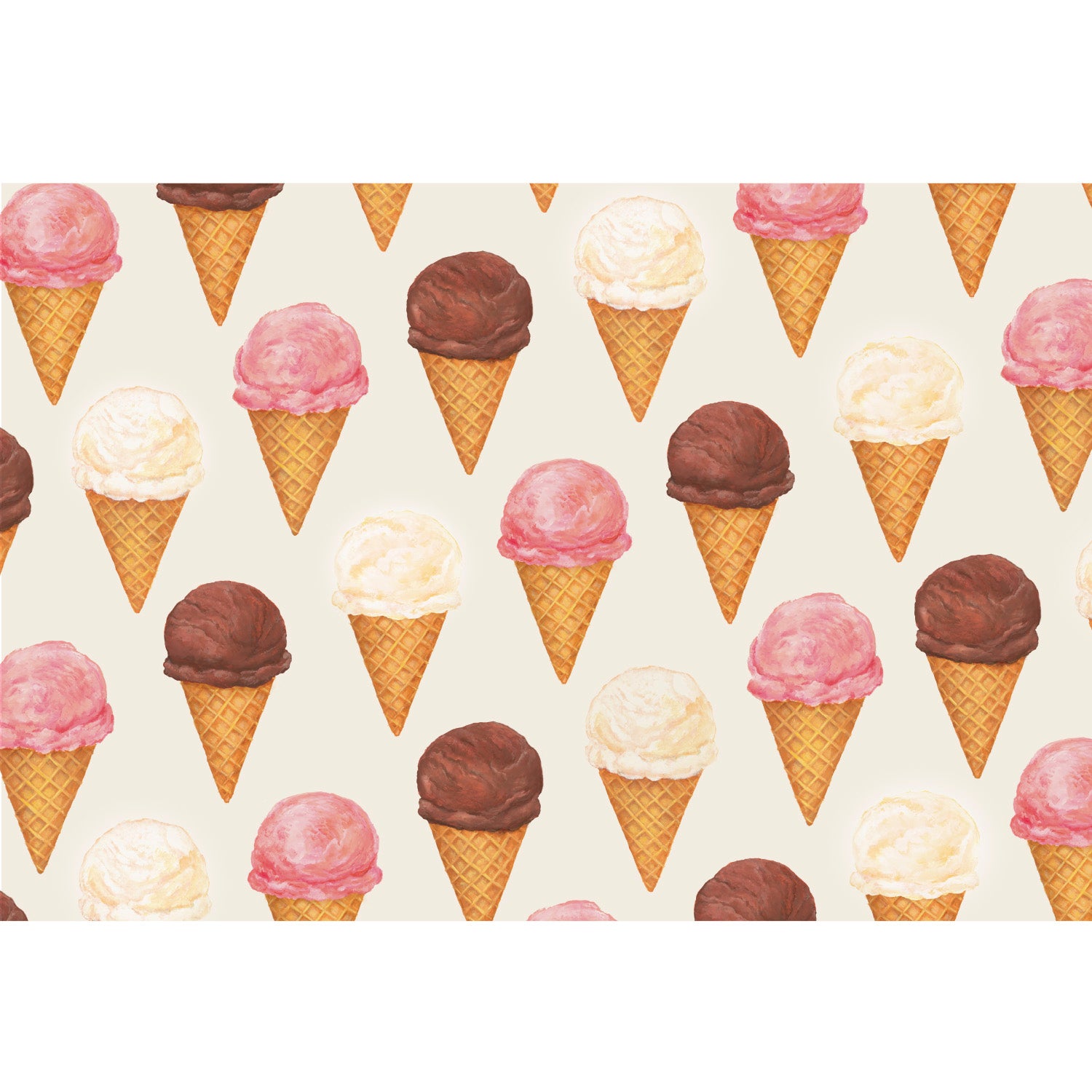 Ice Cream Cones Placemat featuring illustrations of chocolate, vanilla and strawberry ice cream cones in a hexagon pattern with an off-white background.