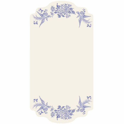 A white rectangular die-cut card featuring a blue vintage Burleigh-style floral and bird design along the top and bottom edges.