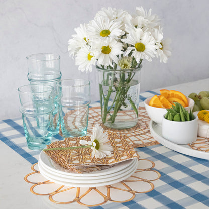 Blue Painted Check Runner under an assortment of snacks and dinnerware.