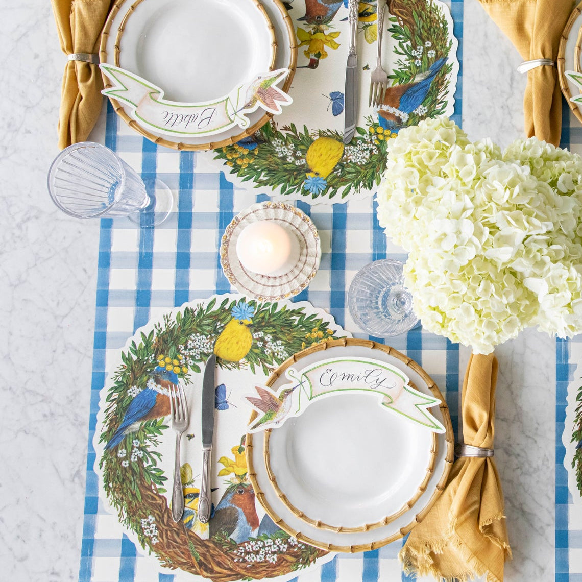 Blue Painted Check Runner on a spring themed table setting.