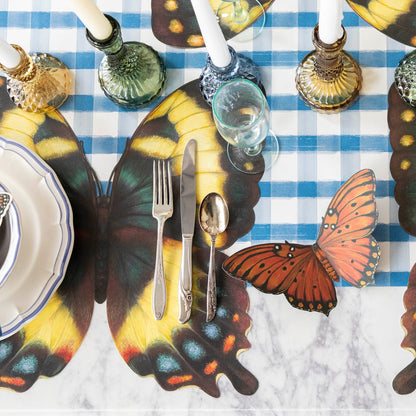 Blue Painted Check Runner under the Butterfly Placemat, on an elegant place setting.