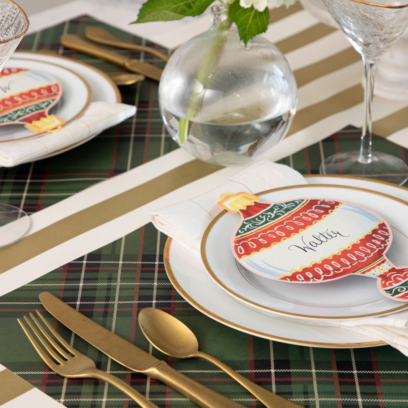 Gold Classic Stripe Runner under a Christmas place setting.