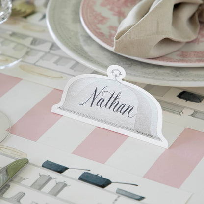 Pink Classic Stripe Runner under the Serving Dome Place Card.