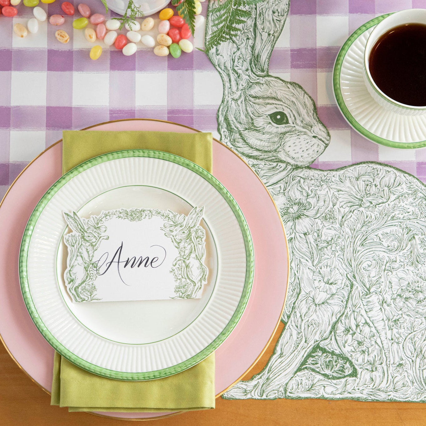 Lilac Painted Check Runner under an Easter place setting.