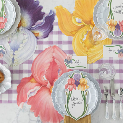 Lilac Painted Check Runner under Iris placemats on a spring table setting.