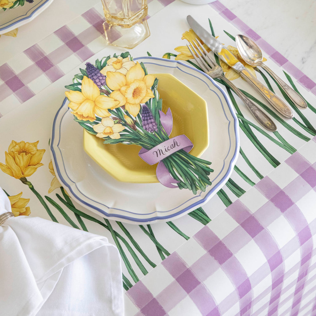 Lilac Painted Check Runner under the Daffodils Placemat with a spring place setting.