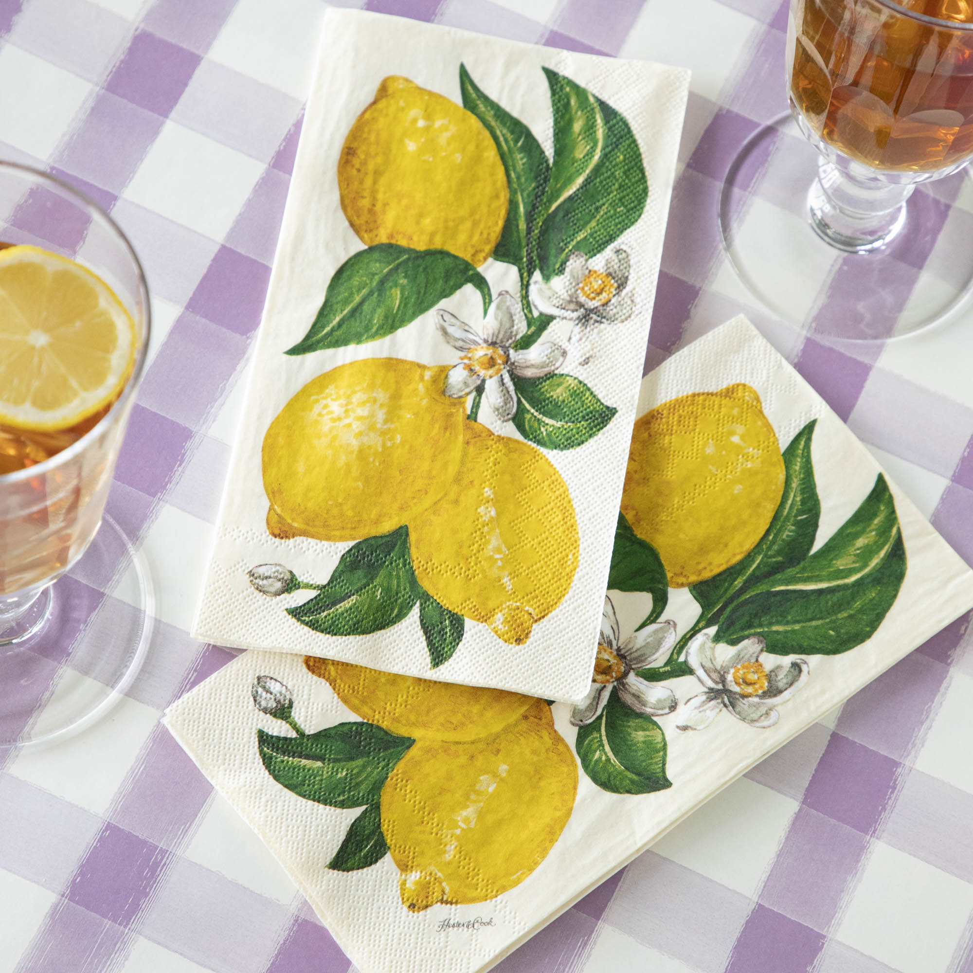 Lilac Painted Check Runner under Lemons Guest Napkins.