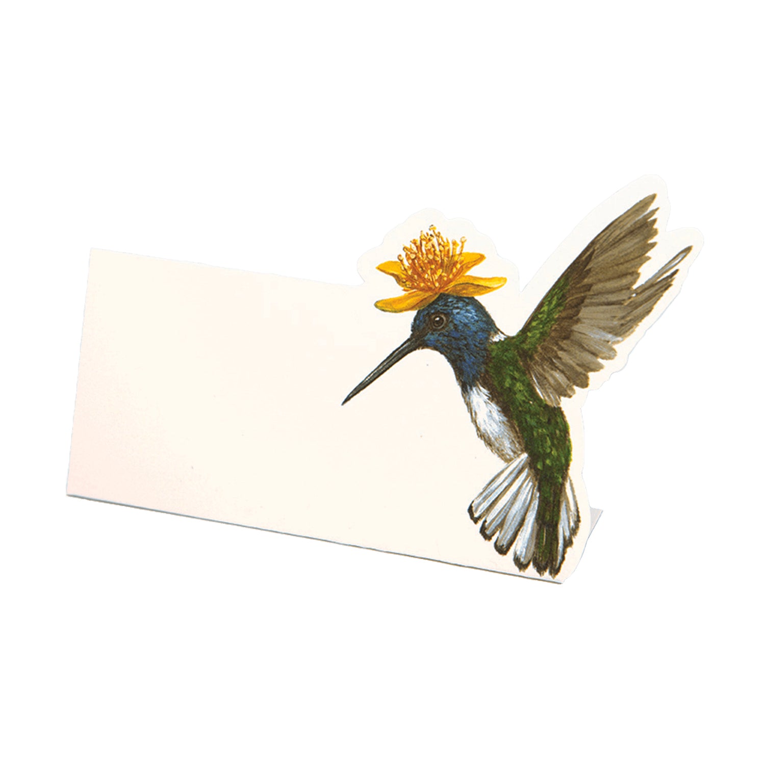 A white, rectangle, freestanding place card featuring an illustrated hummingbird in flight with a yellow blossom on its head adorning the right side of the card.