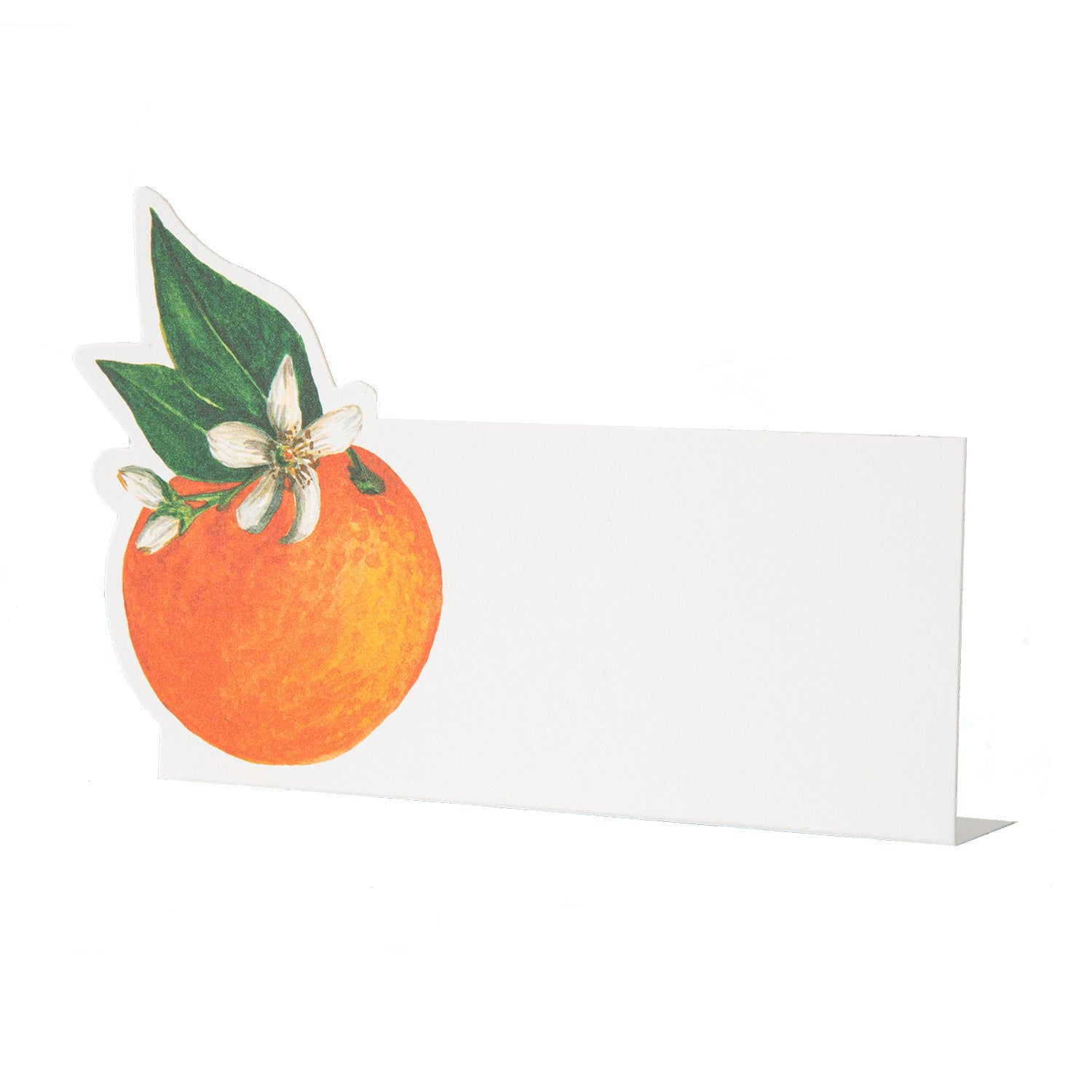 A white, rectangular freestanding place card featuring artwork of a vibrant orange with green leaves and white blossoms adorning the left side.
