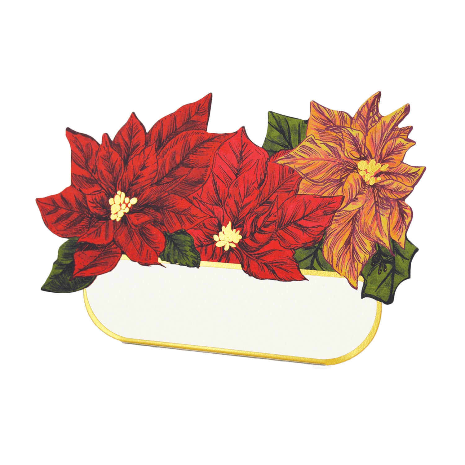 A die-cut freestanding place card featuring illustrated poinsettia blooms with gold foil accents nestled into a white container, which serves as a blank space for personalizing the card.