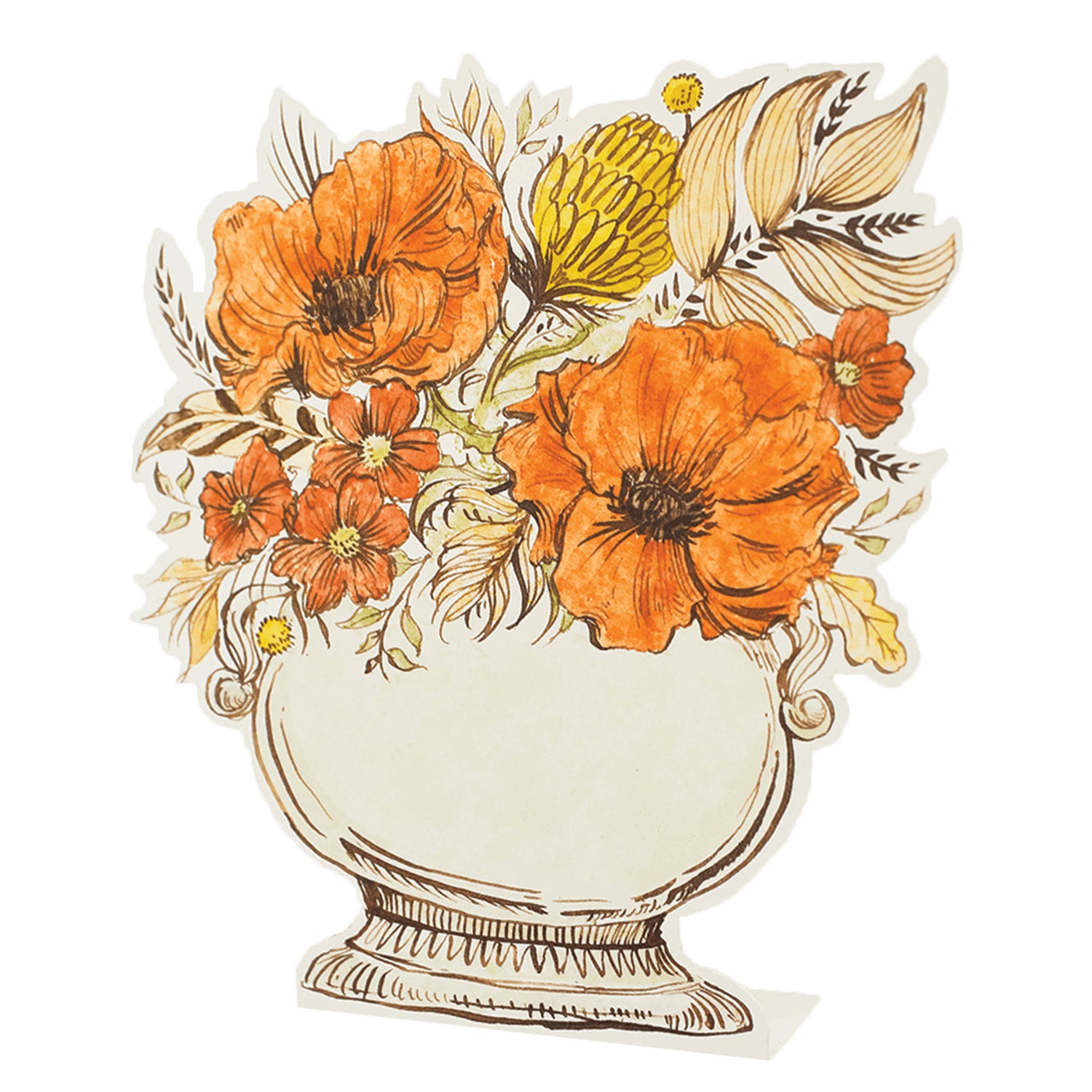 A die-cut, free-standing place card featuring a blank white vase full of vibrant orange and yellow flowers with light tan foliage.