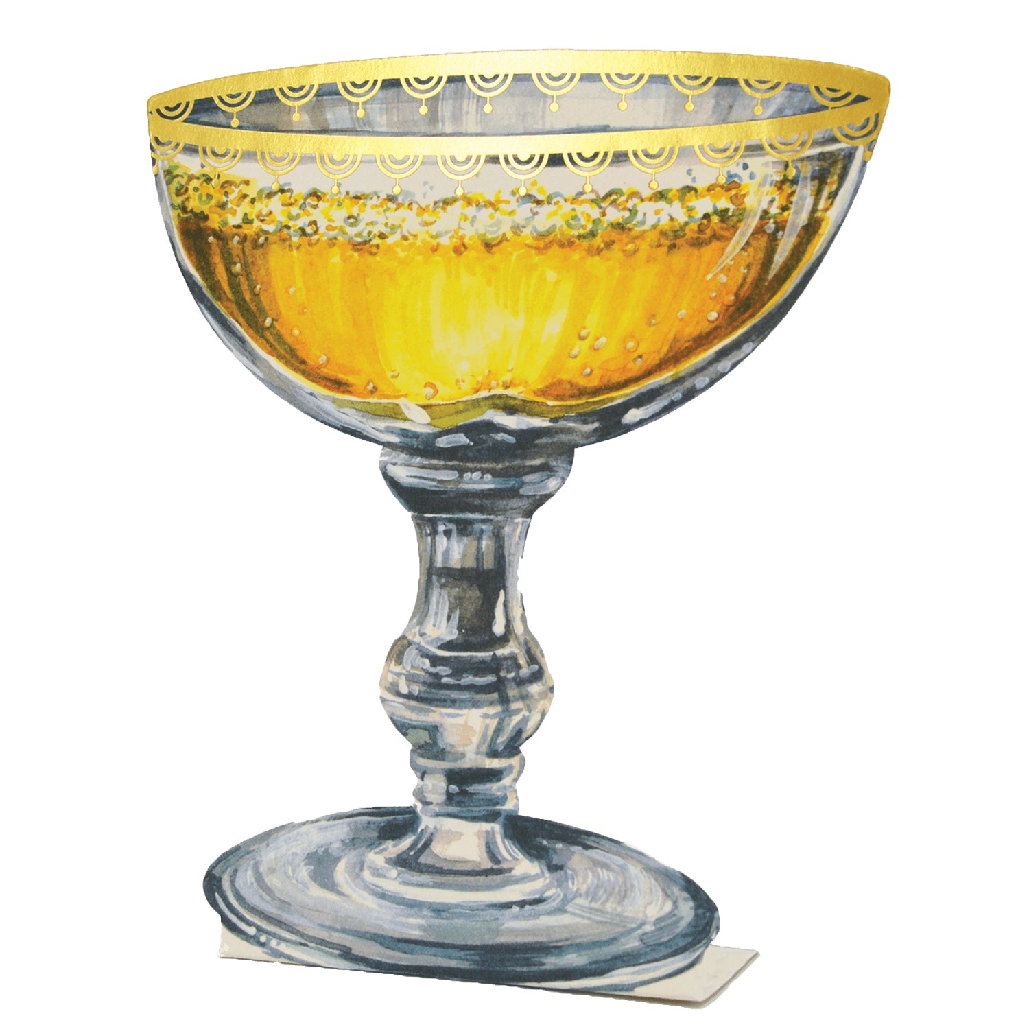 A die-cut, freestanding coupe-style glass full of gold champagne, with an accented gold foil rim around the edge of the glass.