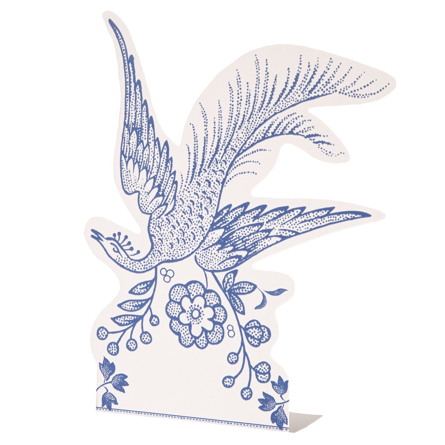 A die-cut, white paper place card that stands upright, featuring a blue bird and floral design with an open space at the bottom, inspired by the ornamental bird pattern from Burleigh.