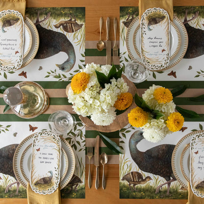 The Heritage Hen Placemat under an elegant fall-themed table setting for four, from above.