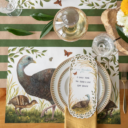 The Heritage Hen Placemat under an elegant fall-themed table setting, from above.